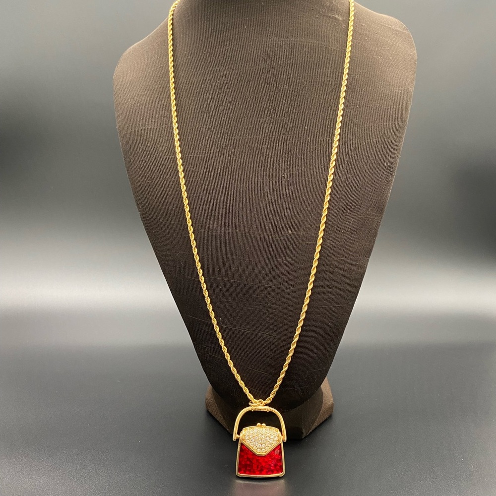 SWAROVSKI SWAN CRYSTAL
RHINESTONE RUBY RED ENAMEL PURSE LOCKET PENDANT Necklace